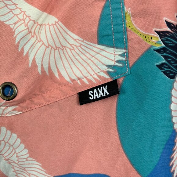 Saxx Mens Swim Trunks Large Pink Blue 2N1 Cannonball Lined Shorts 7" Nylon Birds - Picture 8 of 8